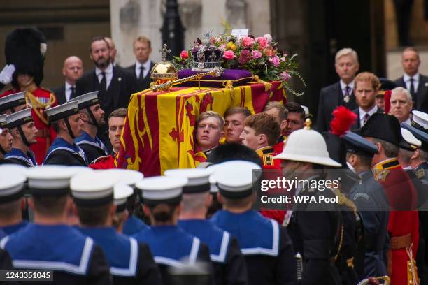 The coffin of Queen Elizabeth II is placed on a gun carriage ahead of the State Funeral of Queen Elizabeth II at Westminster Abbey on September 19,...