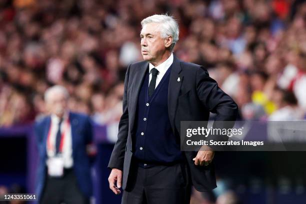 Coach Carlo Ancelotti of Real Madrid during the La Liga Santander match between Atletico Madrid v Real Madrid at the Estadio Civitas Metropolitano on...