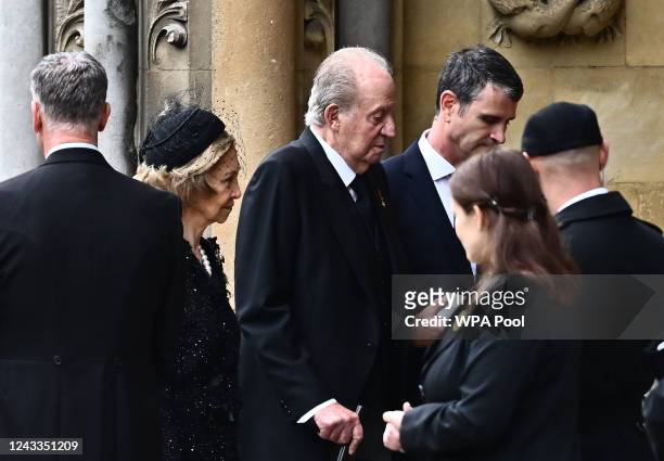 Spain's former King Juan Carlos and Spain's former Queen Sofia arrive for the State Funeral of Queen Elizabeth II at Westminster Abbey on September...