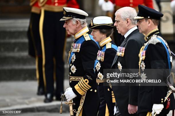 Britain's King Charles III, Britain's Princess Anne, Princess Royal, Britain's Prince Andrew, Duke of York and Britain's Prince Edward, Earl of...