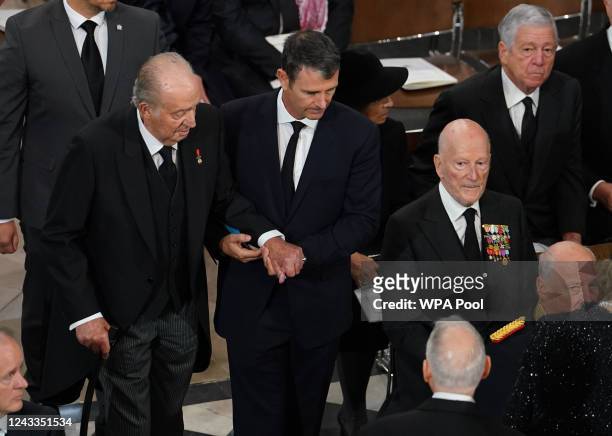 Juan Carlos I of Spain attend the State Funeral of Queen Elizabeth II at Westminster Abbey on September 19, 2022 in London, England. Elizabeth...