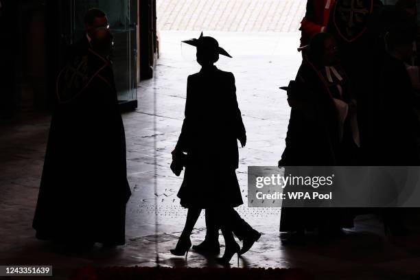Catherine, Princess of Wales, Princess Charlotte of Wales, Prince George of Wales arrive at the State Funeral of Queen Elizabeth II, held at...