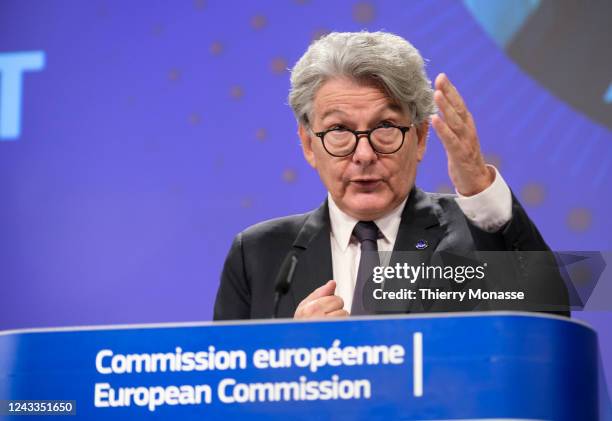 Commissioner for Internal Market Thierry Breton talks to media during a press briefing in the Berlaymont, the EU Commission headquarter, on September...