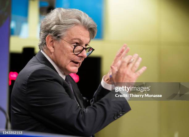 Commissioner for Internal Market Thierry Breton talks to media during a press briefing in the Berlaymont, the EU Commission headquarter, on September...