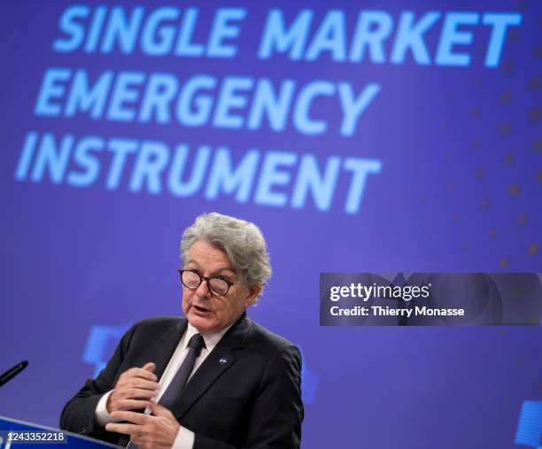 Commissioner for Internal Market Thierry Breton talks to media during a press briefing in the Berlaymont, the EU Commission headquarter, on September...