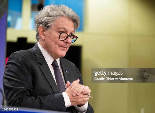 Commissioner for Internal Market Thierry Breton talks to media during a press briefing in the Berlaymont, the EU Commission headquarter, on September...