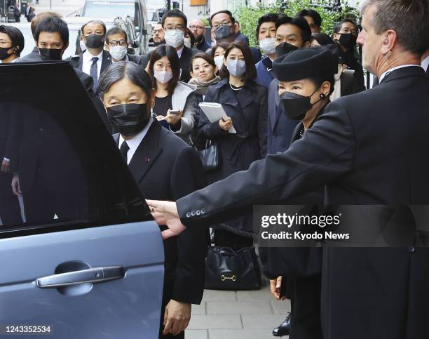 Japanese Emperor Naruhito and Empress Masako leave a hotel in London on Sept. 19 to attend the funeral of Queen Elizabeth II being held later in the...