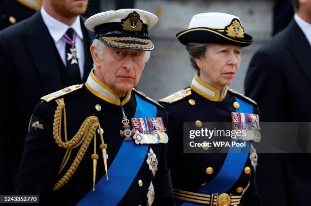 King Charles III and Princess Anne, Princess Royal arrive ahead of the state funeral of Queen Elizabeth II on September 19, 2022 in London, England....