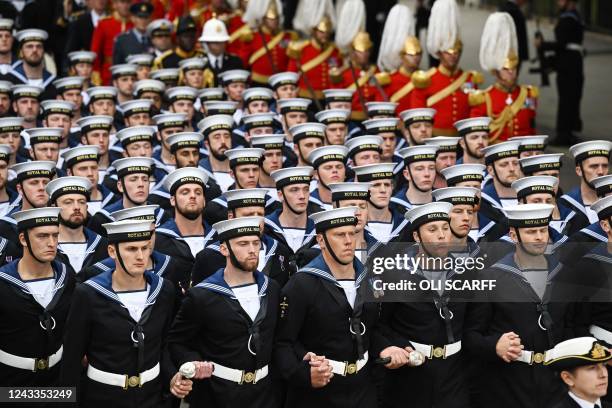 Royal Navy saliors take the coffin of Queen Elizabeth II to Westminster Abbey for the State Funeral Service for Britain's Queen Elizabeth II, in...