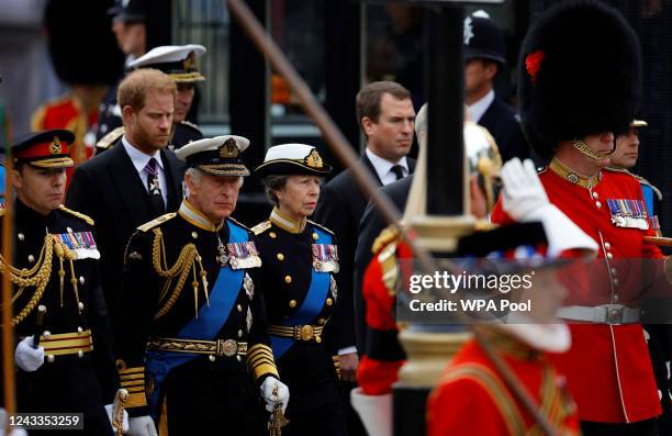 King Charles III, Princess Anne, Princess Royal, Prince Harry, Duke of Sussex and Peter Phillips take part in the state funeral and burial of Queen...