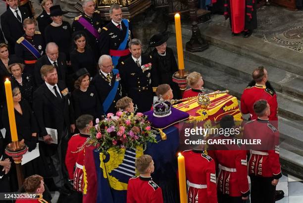 Spain's Sofia and Juan Carlos I stand with Spain's King Felipe VI and Spain's Queen Letizia as the coffin is placed near the altar at the State...