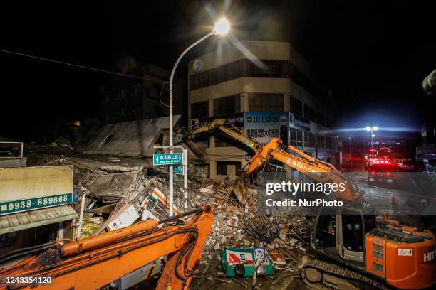 Wreckage removal operation is underway at a collapsed residential building after a 6.8 earthquake hitting Taiwan caused severe damages to buildings,...