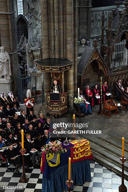 Archbishop of Canterbury, the Most Reverend Justin Welby speaks during the State Funeral of Queen Elizabeth II, held at Westminster Abbey, in London...