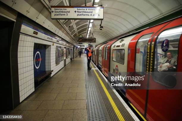 Quiet Oxford Circus platform on the London Underground in central London, United Kingdom on September 19, 2022 as shops are closed on the day of The...
