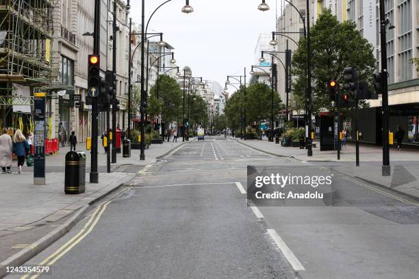 Quiet Oxford Street and Regents Street in central London, United Kingdom on September 19, 2022 as shops are closed on the day of The State Funeral of...