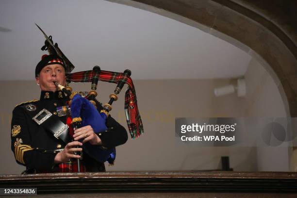 Piper plays during the State Funeral of Queen Elizabeth II on September 19, 2022 in London, England. Elizabeth Alexandra Mary Windsor was born in...
