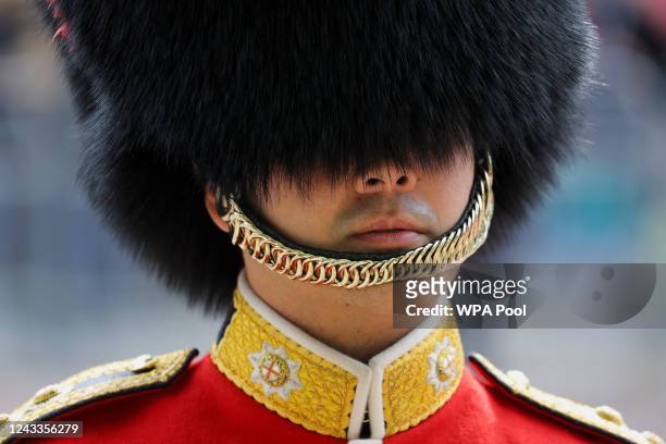 Royal Guard during the state funeral of Queen Elizabeth II at Westminster Abbey on September 19, 2022 in London, England. Elizabeth Alexandra Mary...