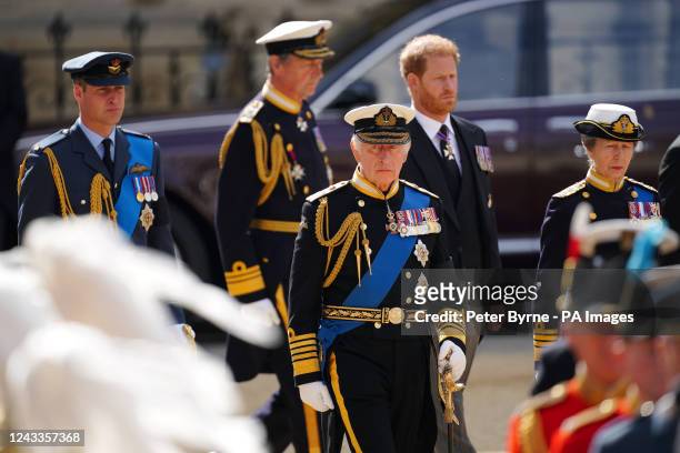 The Prince of Wales, King Charles III, the Duke of Sussex and the Princess Royal leaving the State Funeral of Queen Elizabeth II, held at Westminster...