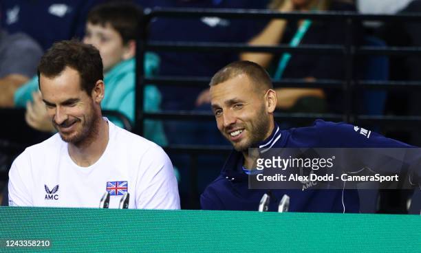 Great Britain's Andy Murray shares a joke with Great Britain's Dan Evans during the Davis Cup Group D match between Great Britain and Kazakhstan at...