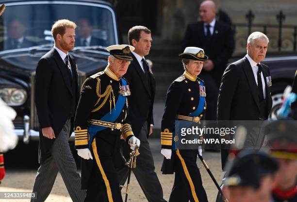 Prince Harry, Duke of Sussex, King Charles III, Peter Phillips, Princess Anne, Princess Royal, Prince Andrew, Duke of York following the State...