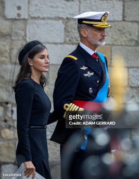 Spain's King Felipe VI and Queen Letizia arrive at Westminster Abbey in London on September 19 for the State Funeral Service for Britain's Queen...