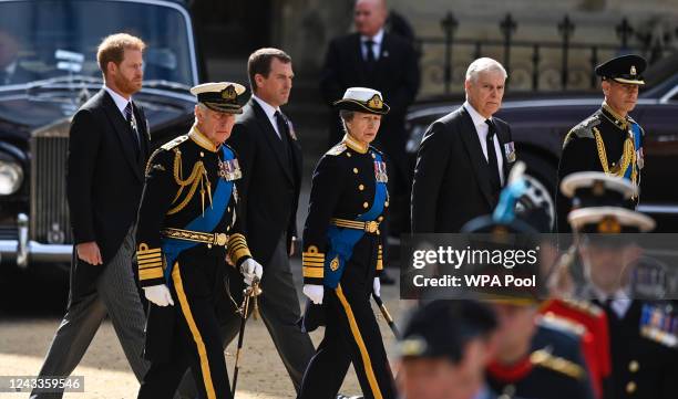 Prince Harry, Duke of Sussex, King Charles III, Peter Phillips, Princess Anne, Princess Royal, Prince Andrew, Duke of York and Prince Edward, Earl of...