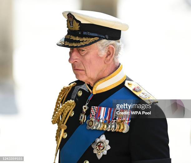 King Charles III following the State Funeral of Queen Elizabeth II at Westminster Abbey on September 19, 2022 in London, England. Elizabeth Alexandra...