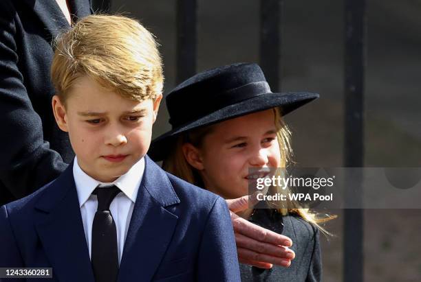 Prince George and Princess Charlotte during the State Funeral of Queen Elizabeth II at Westminster Abbey on September 19, 2022 in London, England....