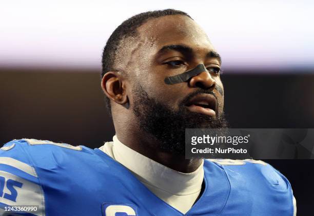 Deefensive end Michael Brockers of the Detroit Lions walks off the field after an NFL football game between the Detroit Lions and the Washington...