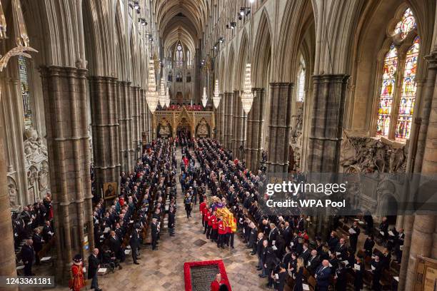 General view during the State Funeral Service for Queen Elizabeth II, at Westminster Abbey on September 19, 2022 in London, England. Elizabeth...