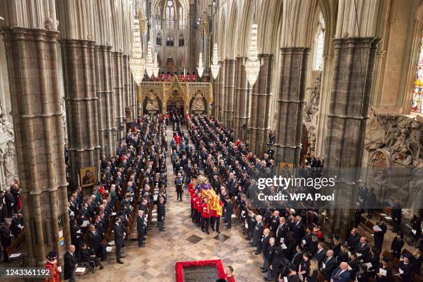 General view during the State Funeral Service for Queen Elizabeth II, at Westminster Abbey on September 19, 2022 in London, England. Elizabeth...