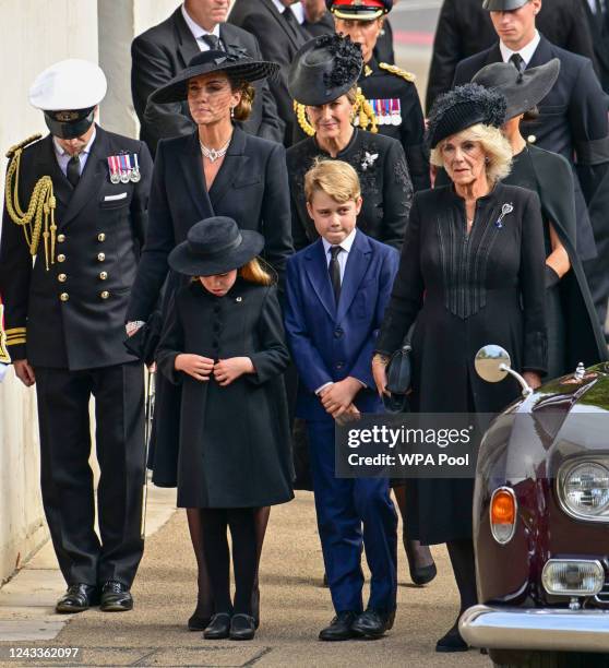 Catherine, Princess of Wales, Princess Charlotte of Wales, Prince George of Wales, Sophie, Countess of Wessex and Queen Consort are seen at...