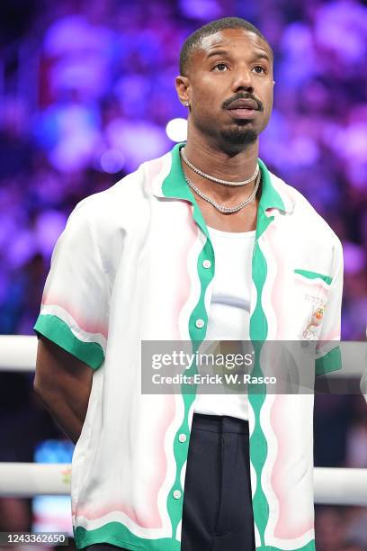 World Super Middleweight Title: Actor Michael B. Jordan looks on prior to fight between Canelo Alvarez in action vs Gennady Golovkin at T-Mobile...