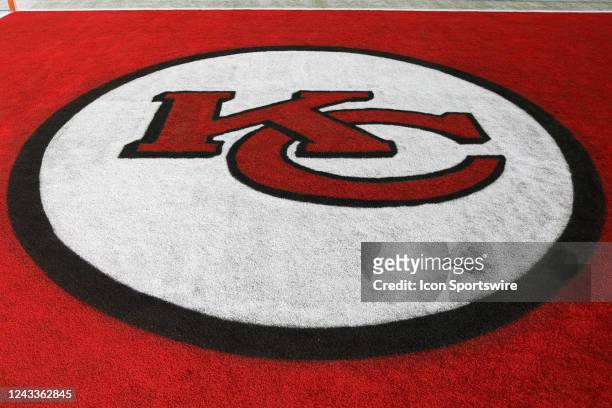 View of the Kansas City Chiefs logo in the end zone before an NFL game between the Los Angeles Chargers and Kansas City Chiefs on September 15, 2022...