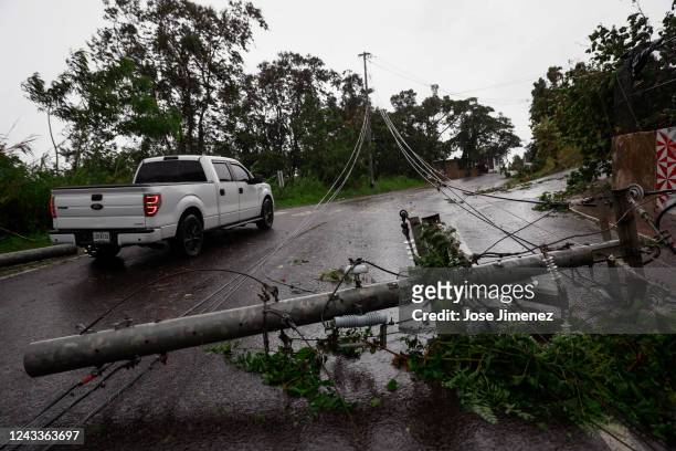 Downed power lines on road PR-743 in Cayey ,Puerto Rico as the island awoke to a general power outage on September 19, 2022 in San Juan, Puerto Rico....