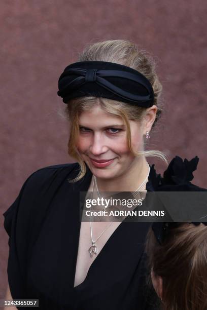 Britain's Lady Louise Windsor leaves St George's Chapel inside Windsor Castle on September 19 ahead of the Committal Service for Britain's Queen...