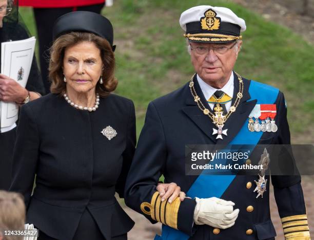 King Carl Gustaf XVI of Sweden and Queen Silvia of Sweden at Windsor Castle on September 19, 2022 in Windsor, England. The committal service at St...