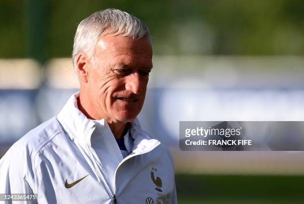 France's head coach Didier Deschamps is seen during a training session in Clairefontaine-en-Yvelines on September 19, 2022 as part of the team's...
