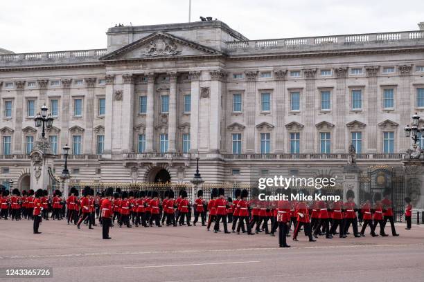 Grenadier Guards during the procession past Buckingham Palace at the State Funeral of Queen Elizabeth II on 19th September 2022 in London, United...