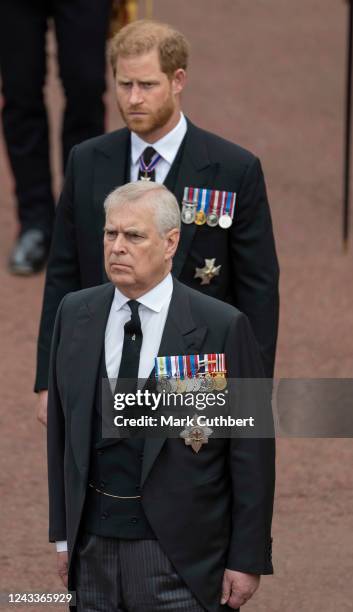 Prince Andrew, Duke of York and Prince Harry, Duke of Sussex at Windsor Castle on September 19, 2022 in Windsor, England. The committal service at St...