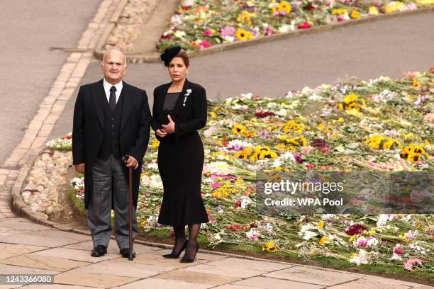 Jordan's Prince Hassan bin Talal and Princess Haya bint Hussein stand together at Windsor Castle ahead of the Committal Service for Queen Elizabeth...