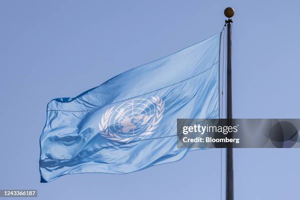 Flag outside United Nations headquarters in New York, US, on Monday, Sept. 19, 2022. US President Biden, UK Prime Minister Truss and New Zealand...