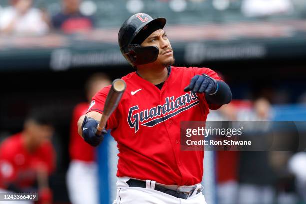 Josh Naylor of the Cleveland Guardians hits a three-run home run off Sonny Gray of the Minnesota Twins during the first inning at Progressive Field...