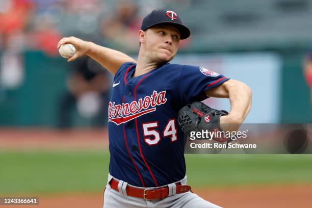 Sonny Gray of the Minnesota Twins pitches against the Cleveland Guardians during the first inning at Progressive Field on September 19, 2022 in...