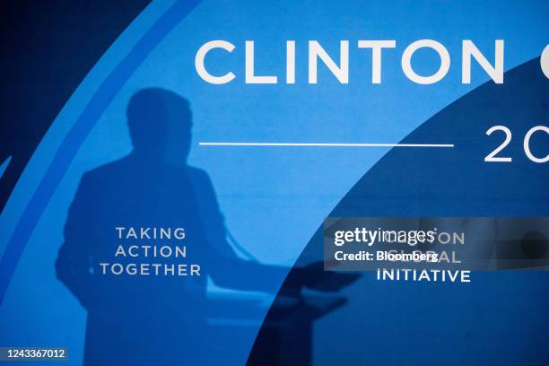 The shadow of a speaker during the Clinton Global Initiative annual meeting in New York, US, on Monday, Sept. 19, 2022. For the first time since...