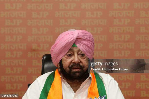 Former Punjab CM and Congress leader Captain Amarinder Singh joins the BJP in the presence of union minister Narendra Singh Tomar and Kiran Rijiju at...