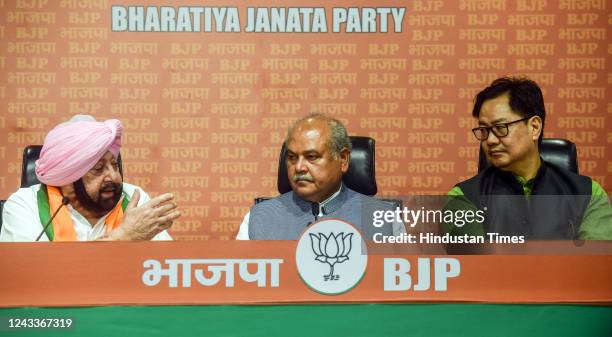 Former Punjab CM and Congress leader Captain Amarinder Singh address media after he joined the BJP in the presence of union minister Narendra Singh...