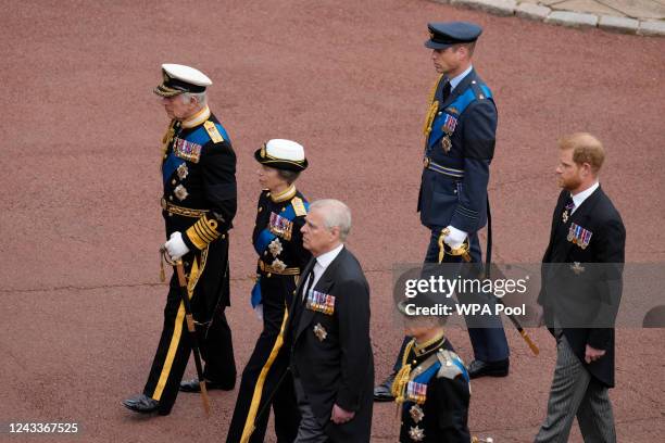 Prince William, King Charles III, Princess Anne, Princess Royal, Prince Harry, Duke of Sussex, Prince Andrew, Duke of York and Prince Edward, Earl of...