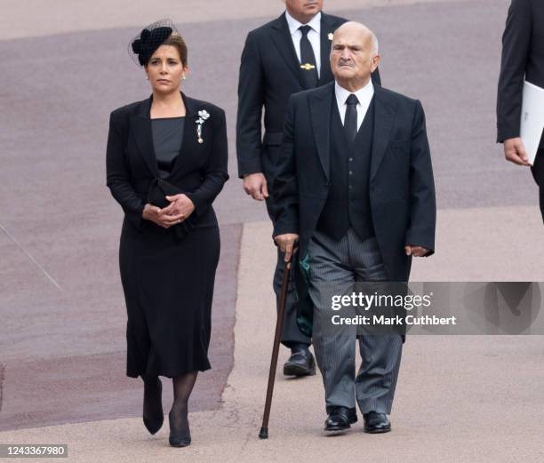 Princess Haya bint Hussein and Prince Hassan bin Talal at Windsor Castle on September 19, 2022 in Windsor, England. The committal service at St...