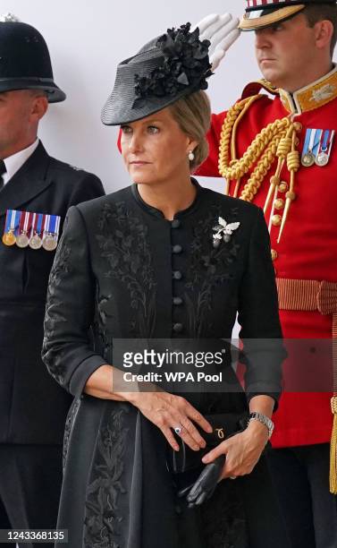 Sophie, The Countess of Wessex arrives at the Committal Service for Queen Elizabeth II held at St George's Chapel in Windsor Castle on September 19,...